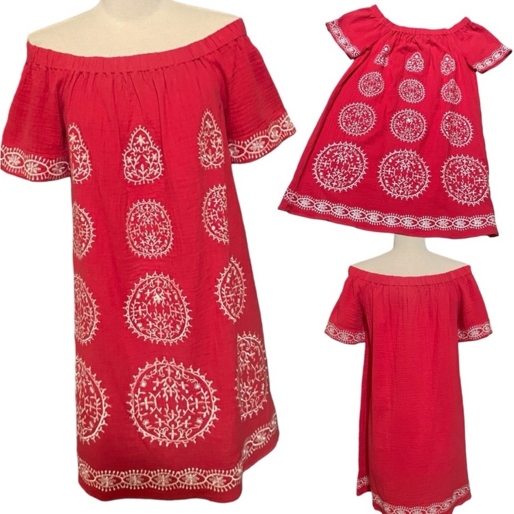 Red Cotton Sundress w Off-the-Shoulder Neckline & Flutter Sleeves Comfy Fun Sz S